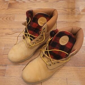 Timberland Wheat Nubuck Boots with Red & Black Plaid Tongue